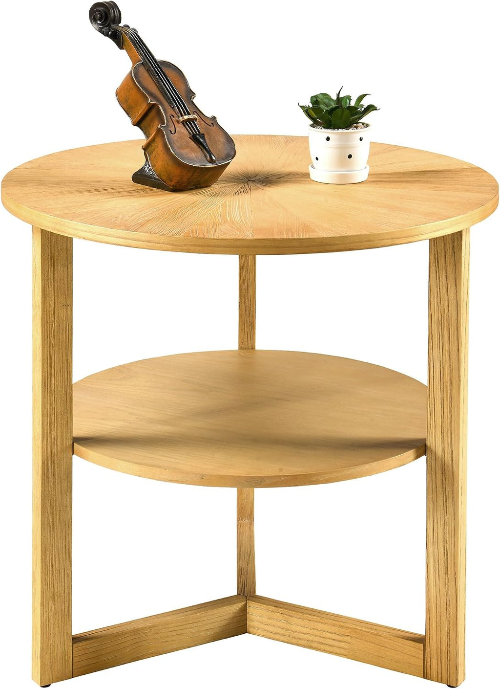 Large Round End Table, Rustic Beside Table with Umbrella Shaped Top, Traditional Circular Sofa Side Table with Shelf, 25.2'D Nightstand, Telephone Table for Living Room Natural CJZ3338OA