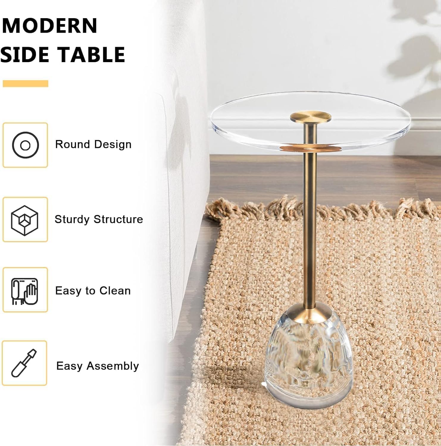 Clear Acrylic End Table, Acrylic Side Table Modern Small Round Table with Solid Base for Living Room, Bedroom（2 pcs）