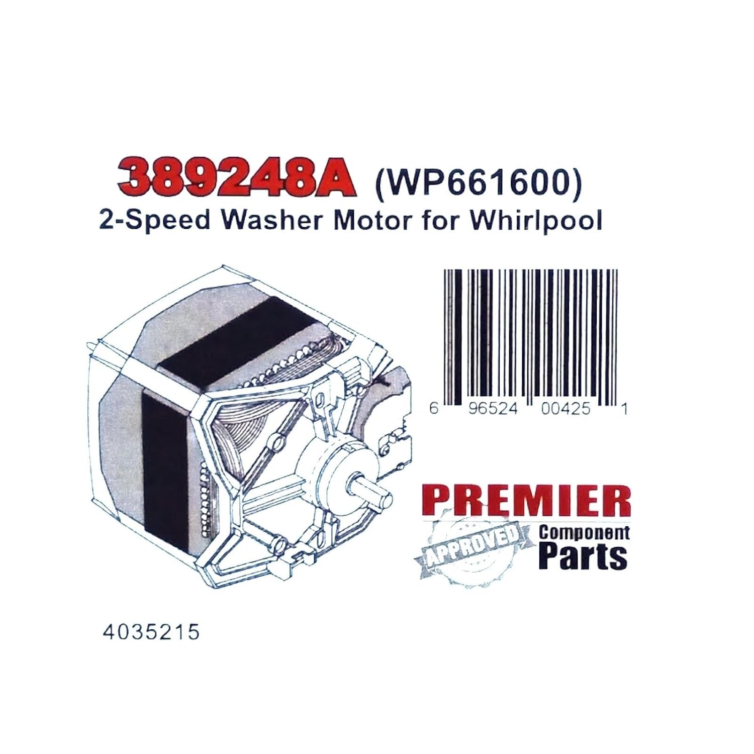 389248 WP661600 Direct Drive Washer Motor Compatible with Whirlpool Kenmore Washing Machine 661600 PS382447 AP2907974 389248A （1/2 Horsepower 2 speeds 1725 RPM 9.3/8.3 amperes 120 Volts）