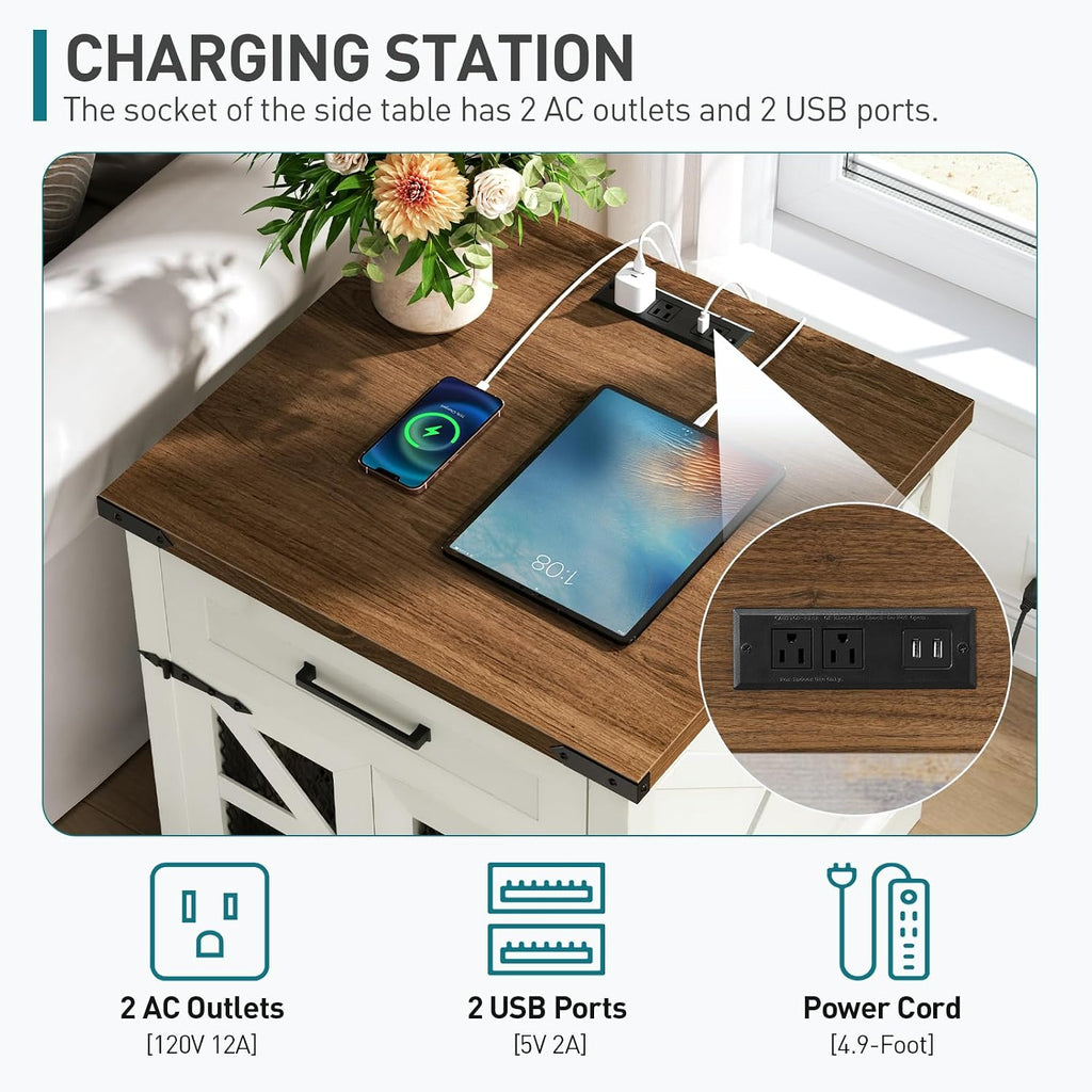 RALGEND White Farmhouse End Table with Charging Station, 24' Large Sofa Side Table with Drawer, Large End Table for Living Room, Wooden Nightstand with Outlet, Square, White and Walnut