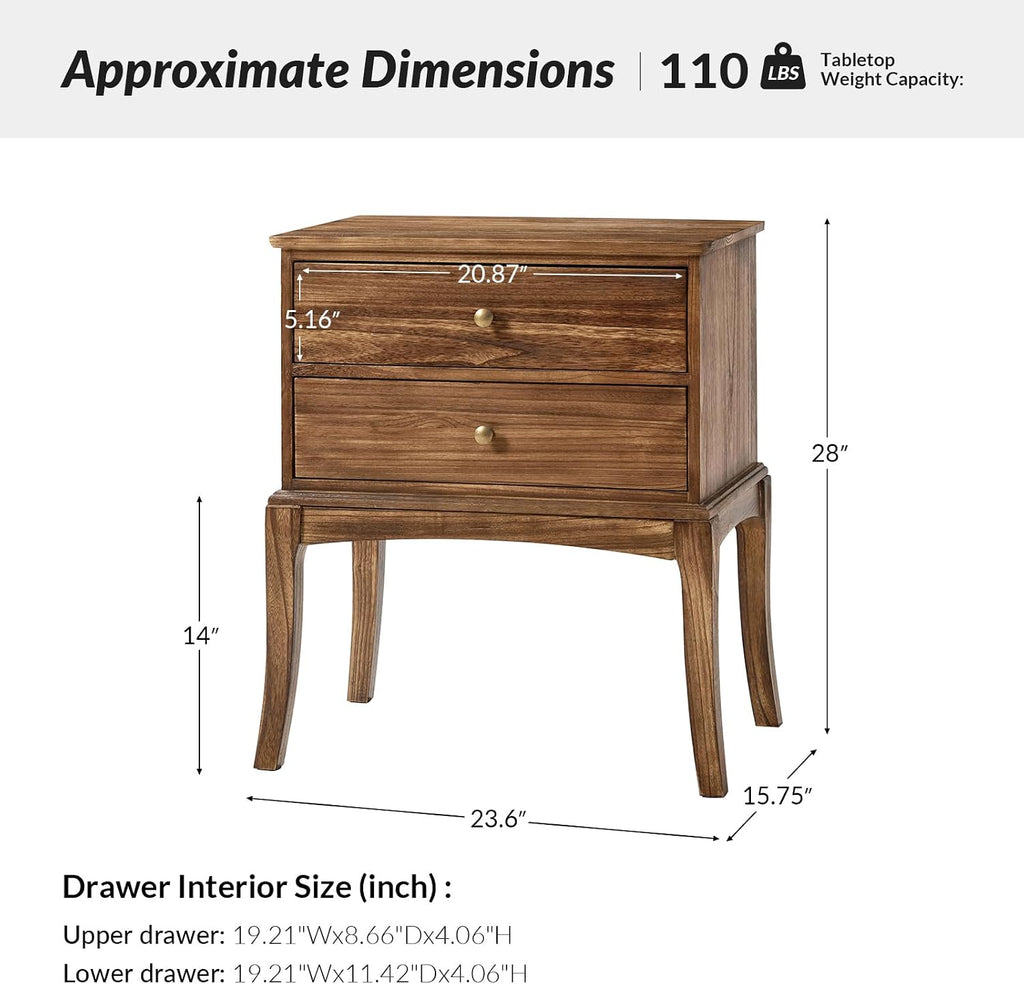 HULALA HOME Solid Wood End Table with Charging Station, 2 Drawer Side Table, Tall Mid Century Modern End Table for Living Room Set of 2, Cherry