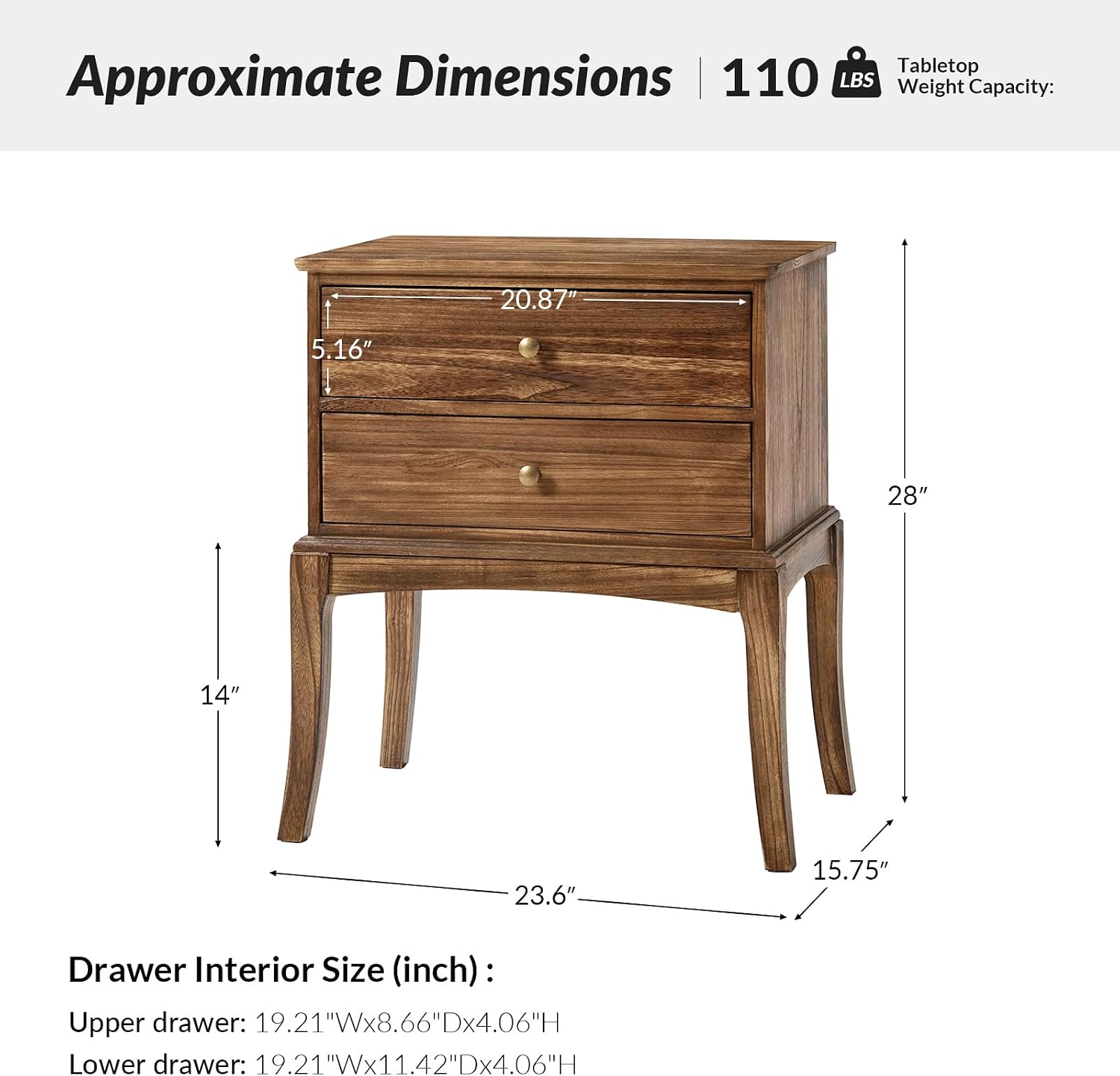 HULALA HOME Solid Wood End Table with Charging Station, 2 Drawer Side Table, Tall Mid Century Modern End Table for Living Room Set of 2, Cherry