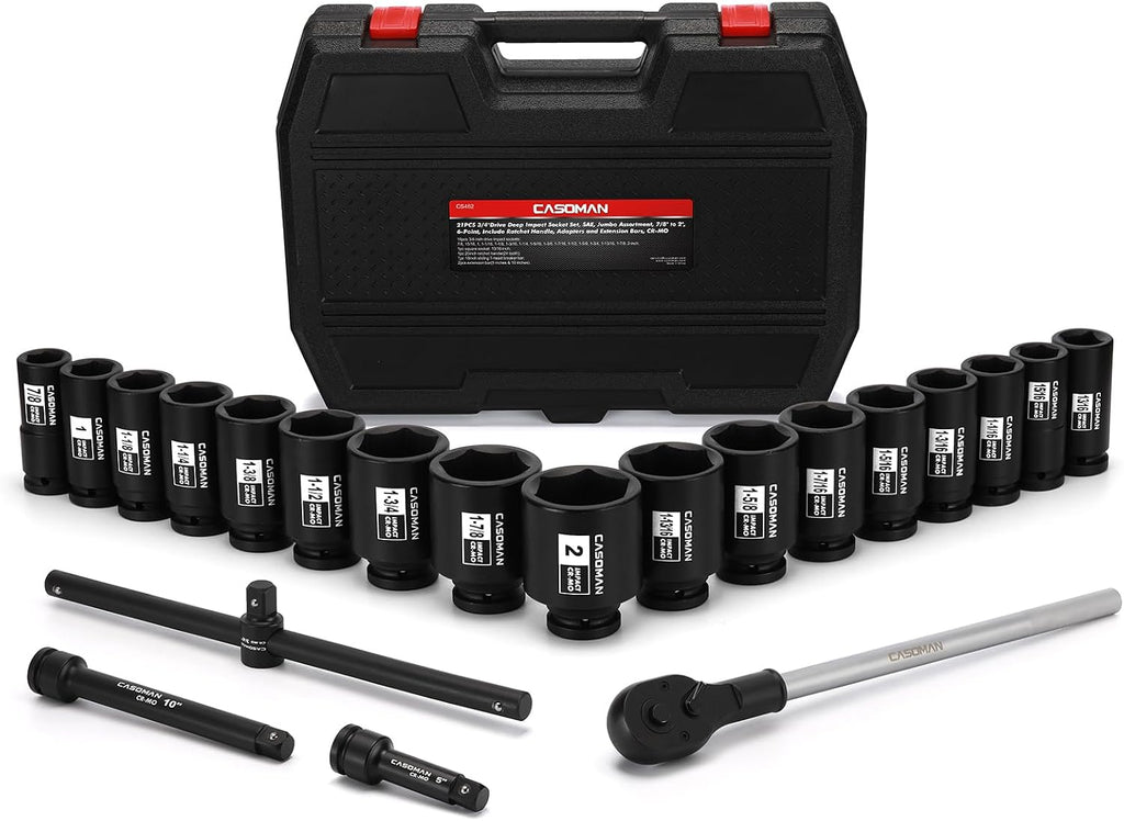 CASOMAN 3/4-Inch Drive Jumbo Master Impact Socket Set, 21PCS SAE Deep Socket Assortment (7/8' to 2'), Include Extension Bar and Ratchet Handle, CR-MO