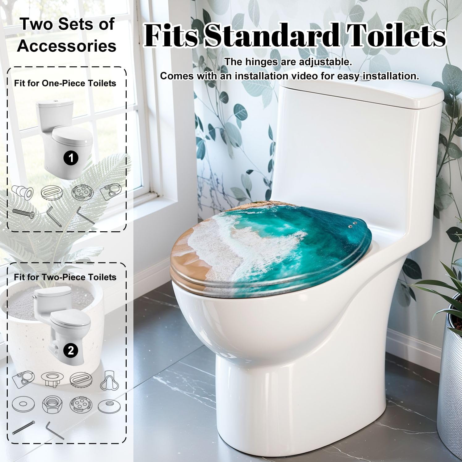 Elongated Toilet Seat Aerial drone view beach turquoise water large waves Resin Toilet Seat Slow Quiet Close Lid with Quick-Release Hinges Cover Bumpers Easy to Clean Install