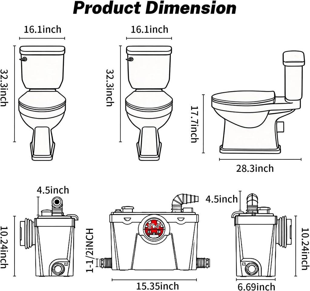 Macerating Toilet with Pump, Two-Piece Upflush Toilet For Basement, Powerful & Quiet Macerating Pump System With 4 Water Inlet, 23Ft Vertically, Elongated Bowl