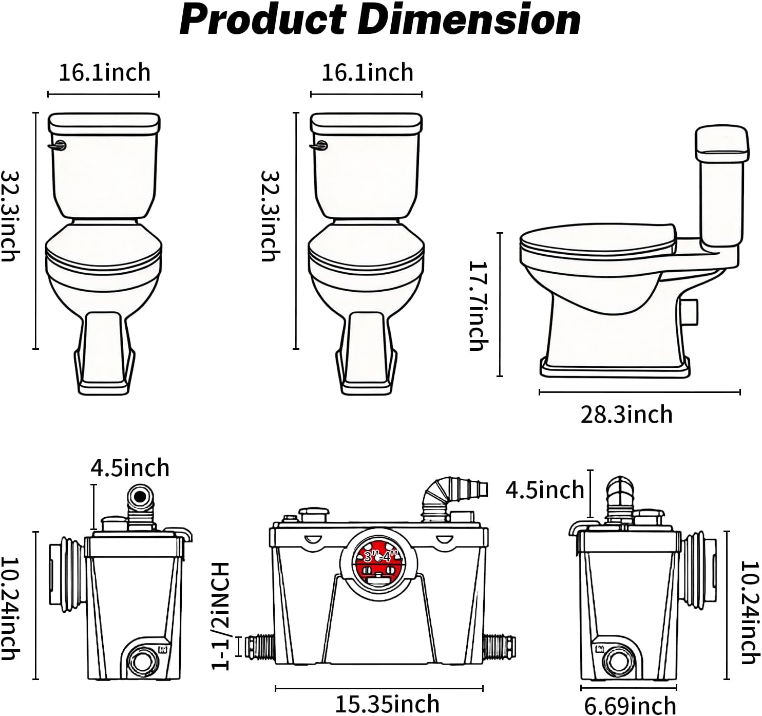 Macerating Toilet with Pump, Two-Piece Upflush Toilet For Basement, Powerful & Quiet Macerating Pump System With 4 Water Inlet, 23Ft Vertically, Elongated Bowl