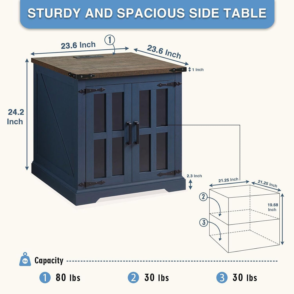 Barnyatoh Farmhouse End Table with Charging Station,24' Large Side Table with Glass Barn Door, Rustic Wood Nightstand Bedside Table with Adjustable Storage Shelf for Living Room, Bedroom, Navy Blue