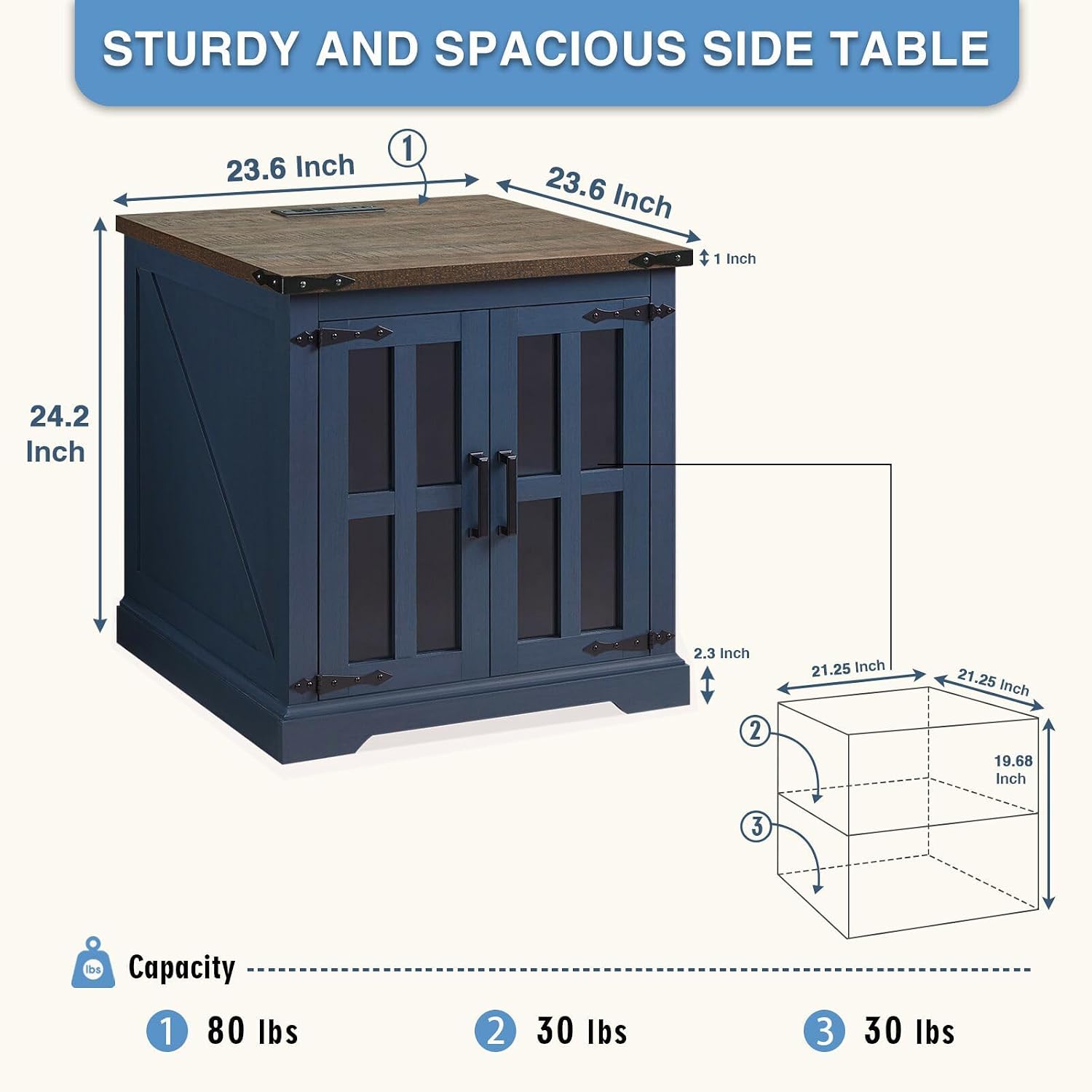 Barnyatoh Farmhouse End Table with Charging Station,24' Large Side Table with Glass Barn Door, Rustic Wood Nightstand Bedside Table with Adjustable Storage Shelf for Living Room, Bedroom, Navy Blue