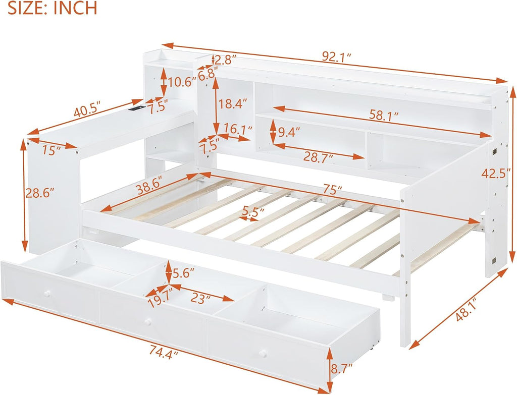 LUMISOL Twin Size Daybed Bed with Desk and Storage, Solid Wood Corner Bed with Bookcase Headboard & Charging Station, Space-Saving L-Shaped Day Bed Frame for Living Room, Guest Room, White