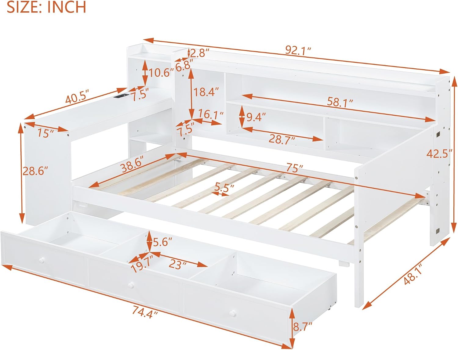 LUMISOL Twin Size Daybed Bed with Desk and Storage, Solid Wood Corner Bed with Bookcase Headboard & Charging Station, Space-Saving L-Shaped Day Bed Frame for Living Room, Guest Room, White