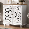 JOINICE White Accent Cabinet with Walnut Finish Top, 31' Farmhouse Storage Cabinet with Carved Doors for Living Room, Sideboard Buffet for Dining Room, Solid Wood Legs