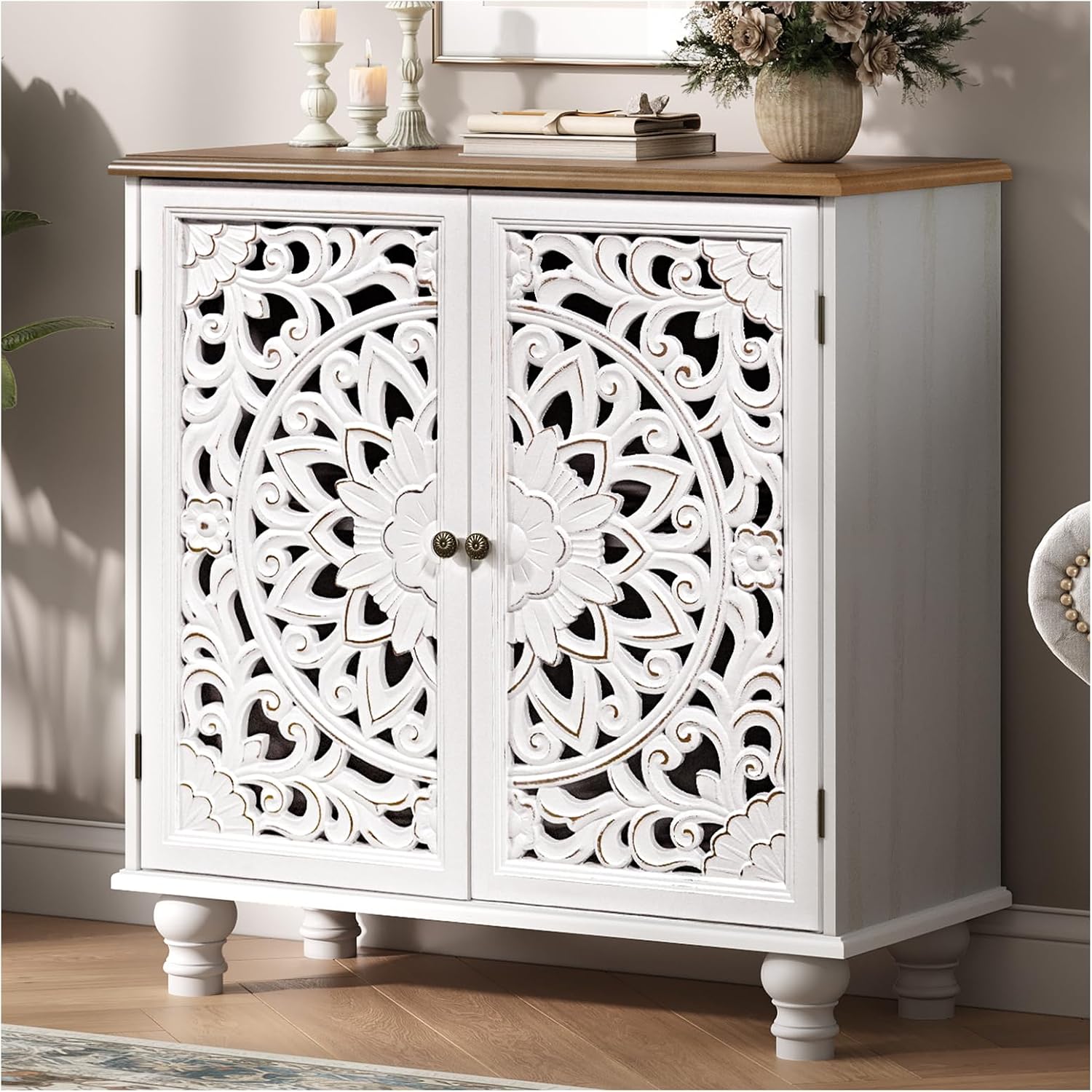 JOINICE White Accent Cabinet with Walnut Finish Top, 31' Farmhouse Storage Cabinet with Carved Doors for Living Room, Sideboard Buffet for Dining Room, Solid Wood Legs