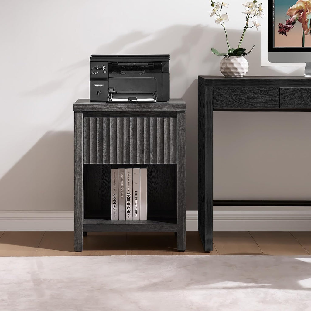SICOTAS Fluted Night Stand Set of 2, Modern Nightstands with Drawer, Farmhouse Bedside Table with Storage Shelf, Large End Tables Bed Side Tables for Bedroom, Black Oak