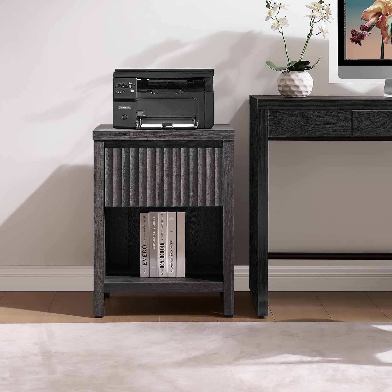 SICOTAS Fluted Night Stand Set of 2, Modern Nightstands with Drawer, Farmhouse Bedside Table with Storage Shelf, Large End Tables Bed Side Tables for Bedroom, Black Oak