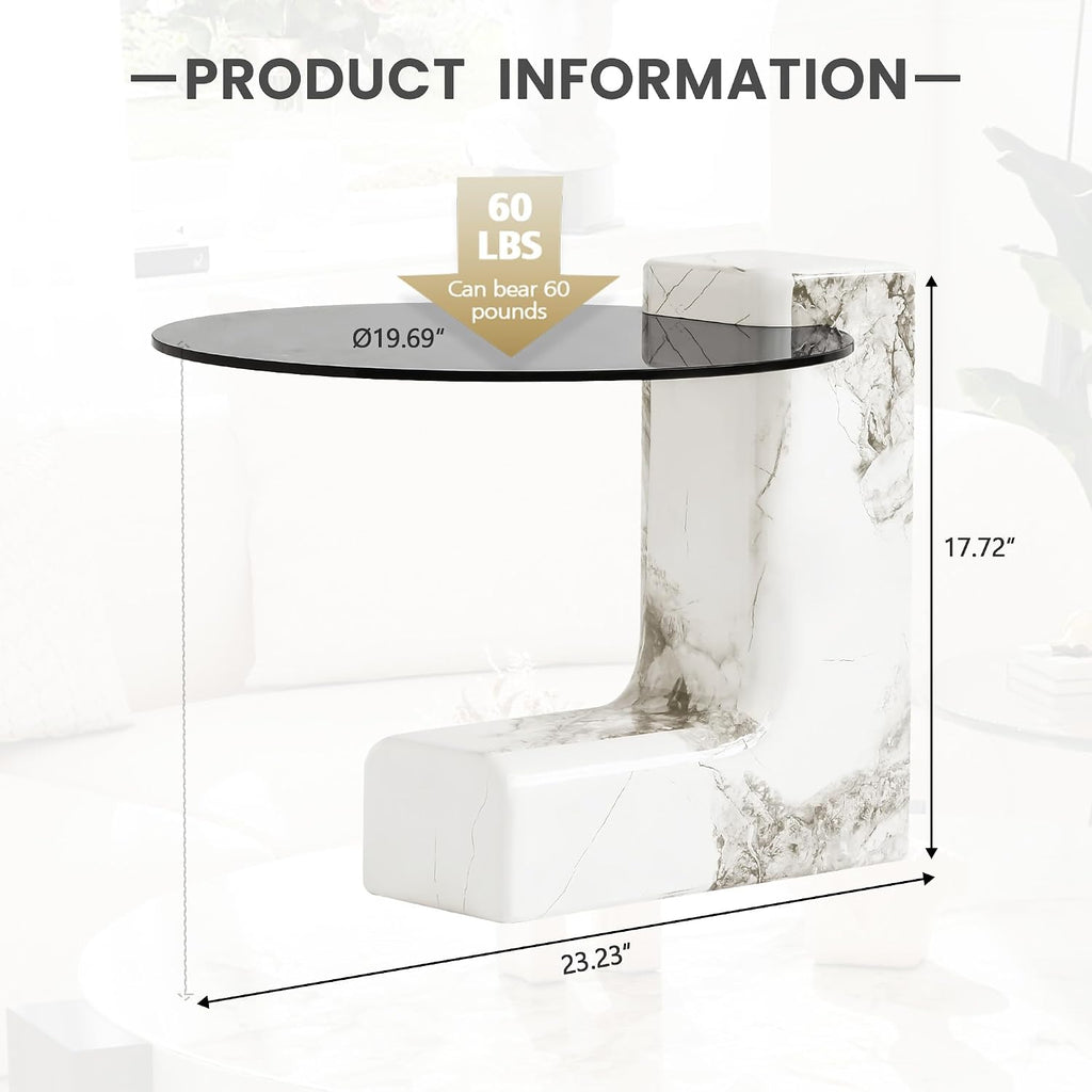 Modern C Shape Side Table,23.23' Round End Table with Strong Base&Glass Top,Large C Shape Side Table for Living Room/Bedroom/Balcony/Office/Studio,Easy Assemble(White)