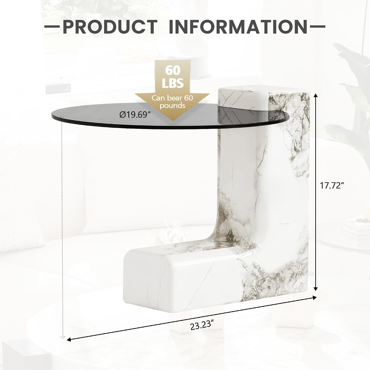 Modern C Shape Side Table,23.23' Round End Table with Strong Base&Glass Top,Large C Shape Side Table for Living Room/Bedroom/Balcony/Office/Studio,Easy Assemble(White)