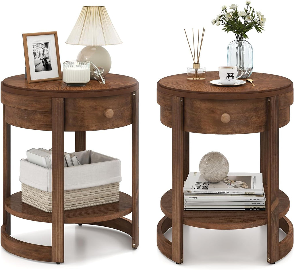 Giantex Round Side Table Set of 2, 2-Tier Wooden End Table with Drawer and Shelf, Vintage Wood Grain Finish, Retro Circle Night Stand for Living Room Bedroom, Walnut