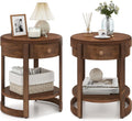 Giantex Round Side Table Set of 2, 2-Tier Wooden End Table with Drawer and Shelf, Vintage Wood Grain Finish, Retro Circle Night Stand for Living Room Bedroom, Walnut