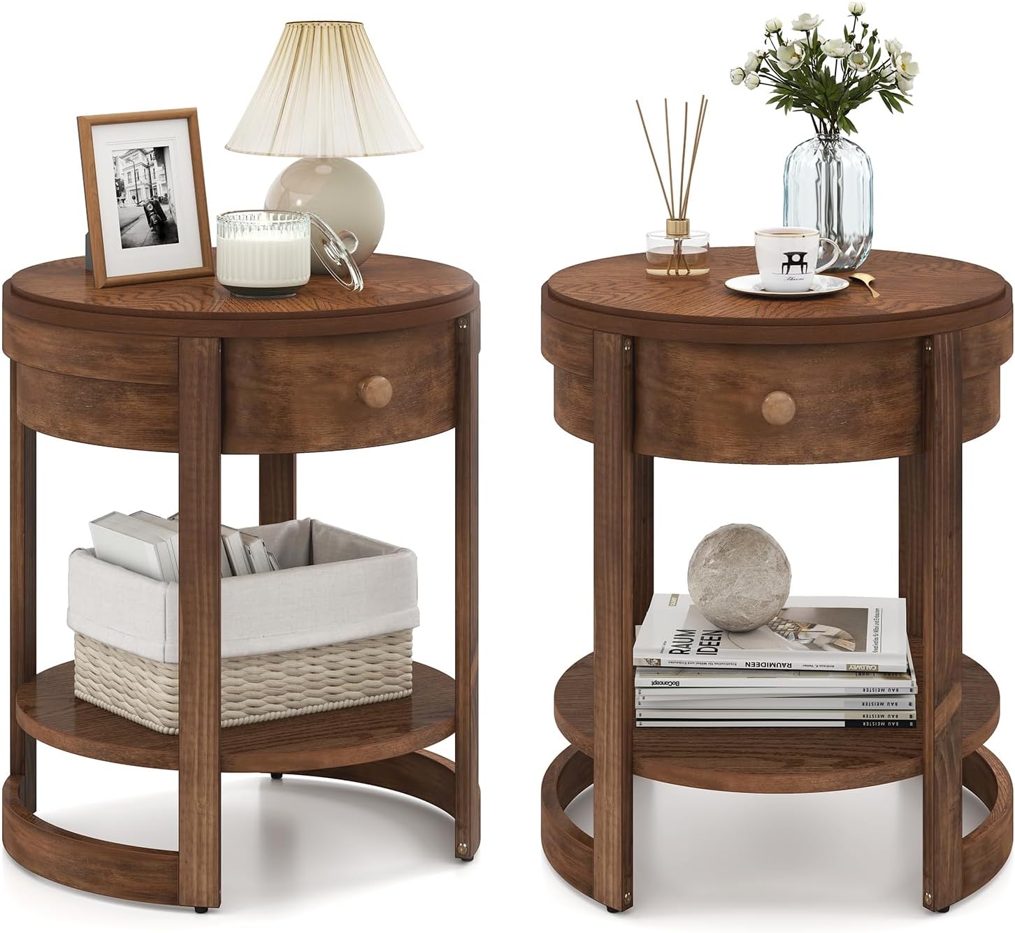 Giantex Round Side Table Set of 2, 2-Tier Wooden End Table with Drawer and Shelf, Vintage Wood Grain Finish, Retro Circle Night Stand for Living Room Bedroom, Walnut