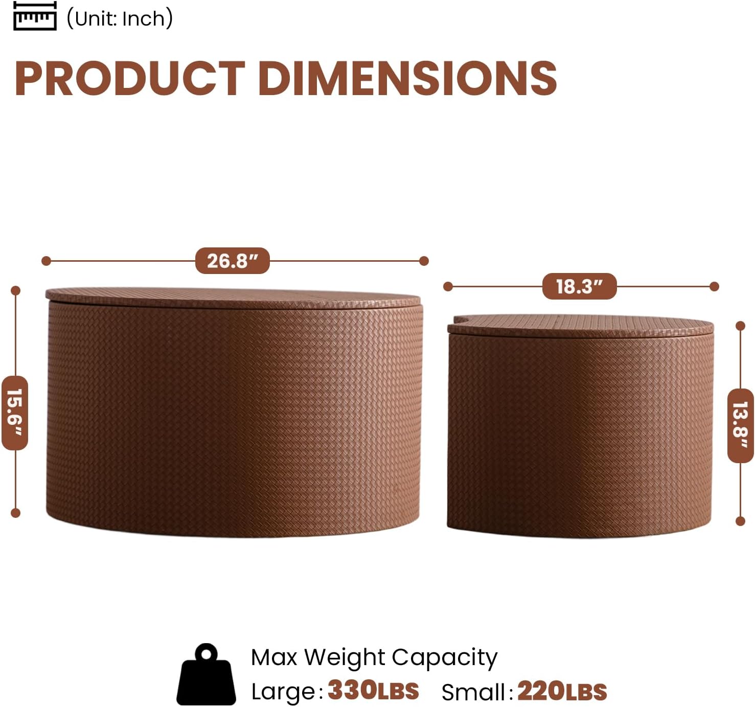 Round Nesting Coffee Table Set of 2 with Storage Modern Wood Coffee Table MDF Frame and Leather Surface Center Table End Side Table for Living Room Bedroom Office, No Assembling (Brown)