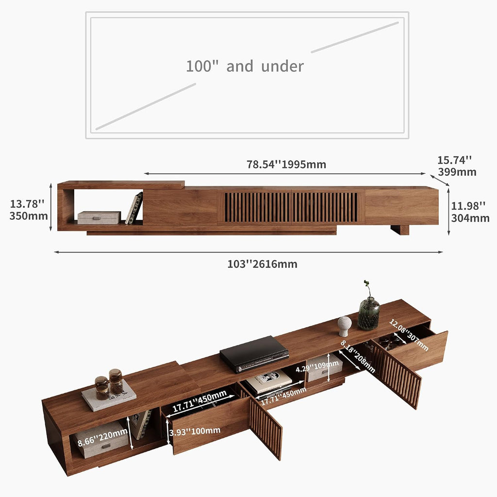 Mid-Century Modern Expandable Coffee Table & TV Stand Set, Walnut Finish – Elegant Storage Combo for Living Room, Bedroom, or Lounge (78.54' to 103' TV Stand+Coffee Table)