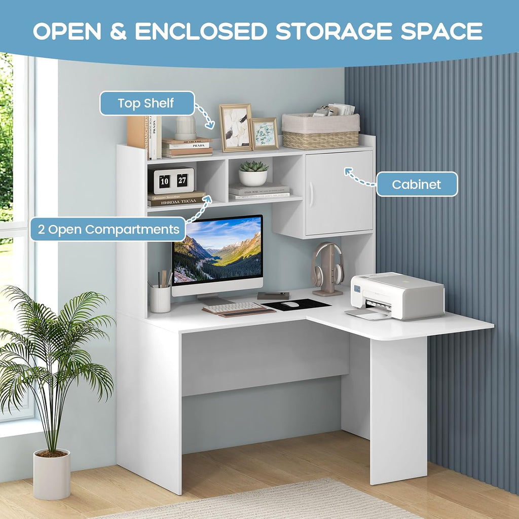 GOFLAME L-Shaped Desk with Open Storage Hutch, Corner Computer Desk with Shelves & Cabinet, Modern Writing Study Desk for Home Office, Laptop PC Desk Gaming Desk, White