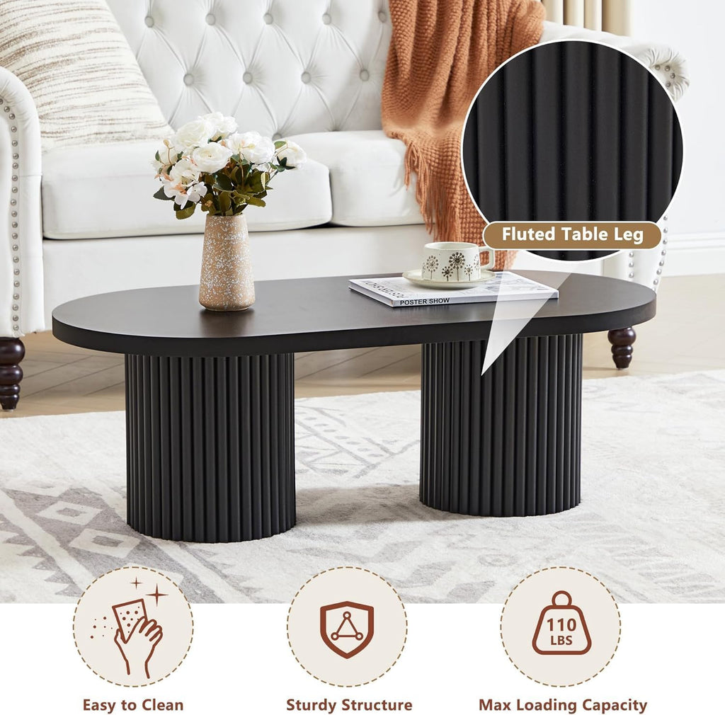 Small Fluted Coffee Table, Farmhouse Oval Wood Coffee Table Mid Century Modern Center Table Boho Living Room Tables for Living Room, Black