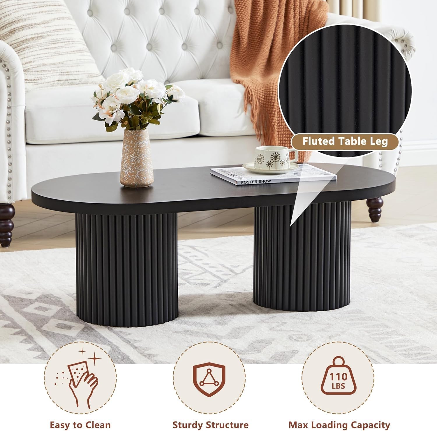 Small Fluted Coffee Table, Farmhouse Oval Wood Coffee Table Mid Century Modern Center Table Boho Living Room Tables for Living Room, Black