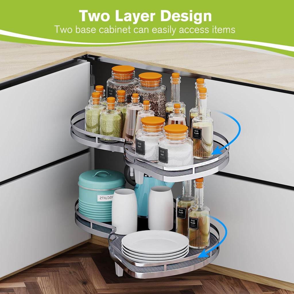 Blind Corner Cabinet Pull Out Organizer, Soft Close Swing Right Pull Out Cabinet Organizer 30inch, Corner Cabinet Lazy Susan for Blind Shelf, 2 Tiers Tray, Adjustable Height