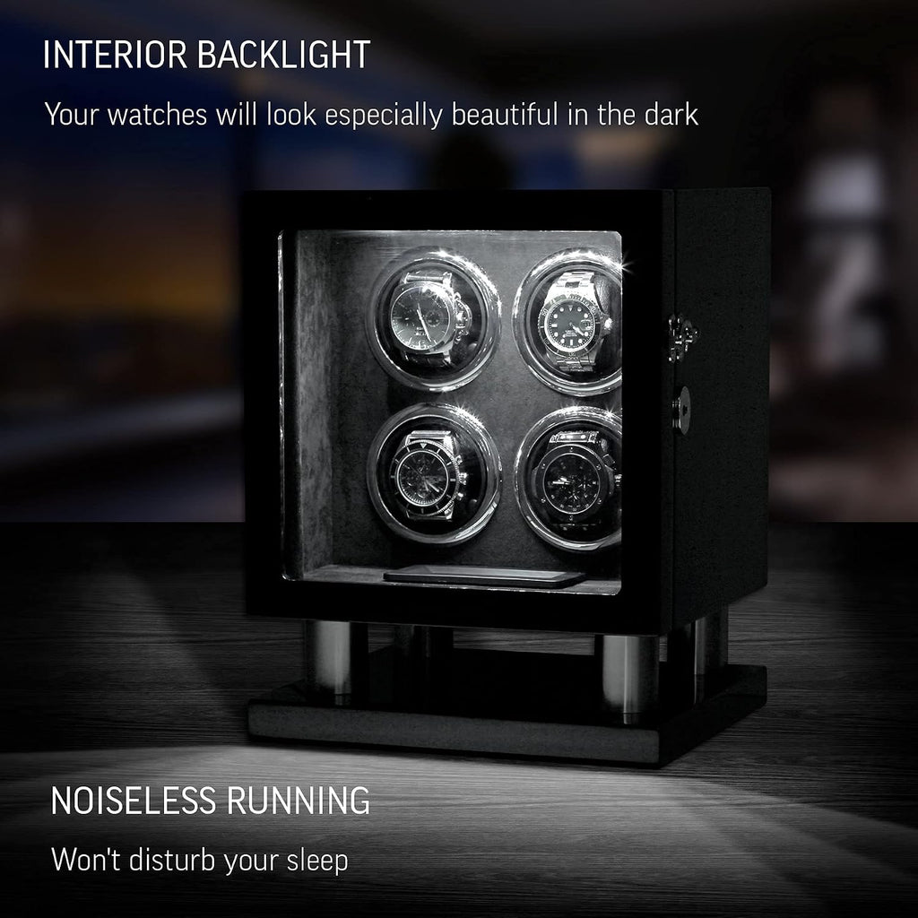 Watch Winder for 4 Watches with LED Backlight, LCD Display and Motor-Stop Option (Black & Grey)