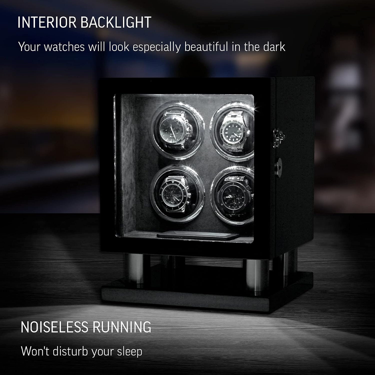 Watch Winder for 4 Watches with LED Backlight, LCD Display and Motor-Stop Option (Black & Grey)