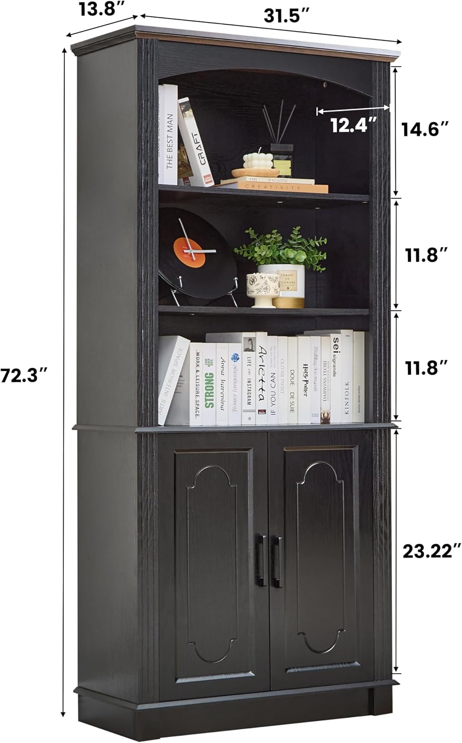 LIDYUK Black 5 Tier Book Shelf and Bookshelf with Storage Cabinet Doors, 72 Inch Tall Bookcase, Wooden Cube Storage Organizer, Bookshelf, Display Cabinet Furniture, Living Room, Pantry