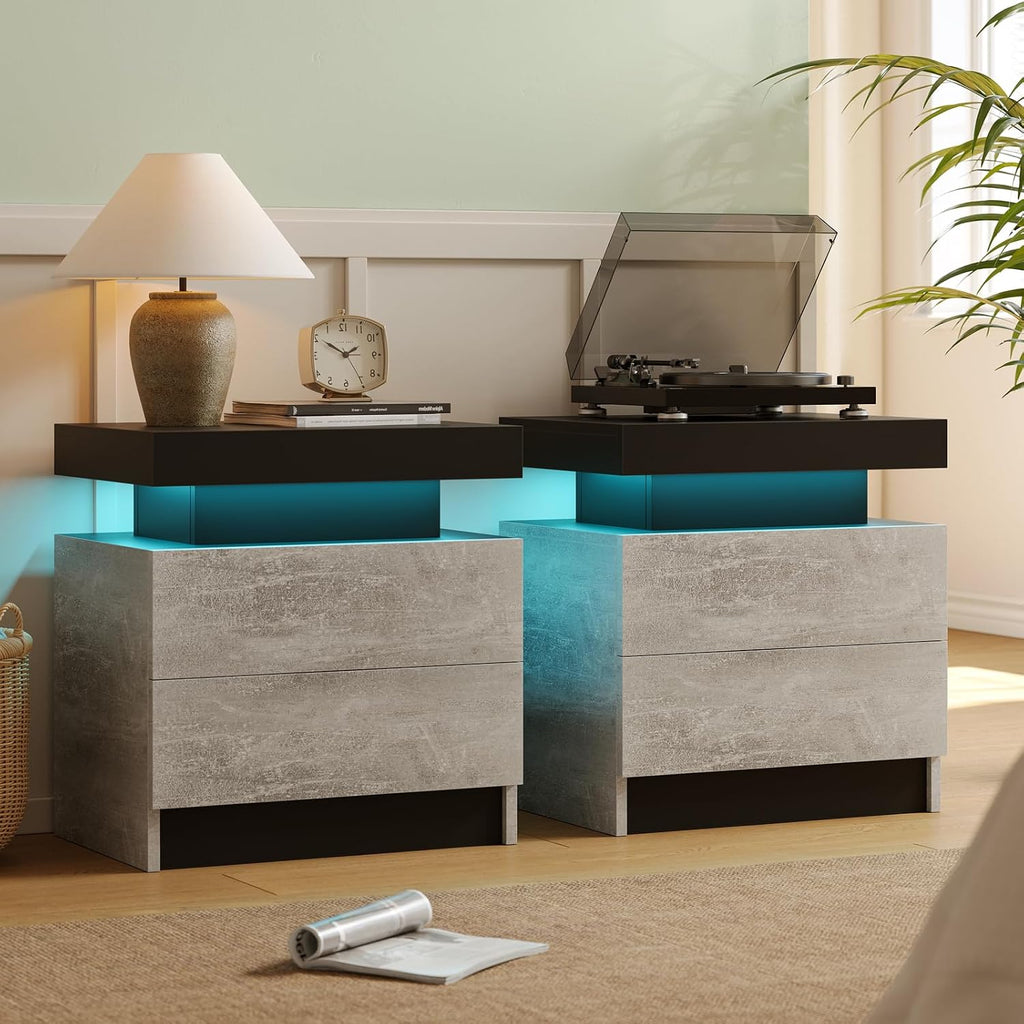 Cubehom Nightstands Set of 2, Bedside Tables with LED Lights, Night Stands with 2 Wood Drawers, End Tables Set of 2 for Living Room/Bedroom