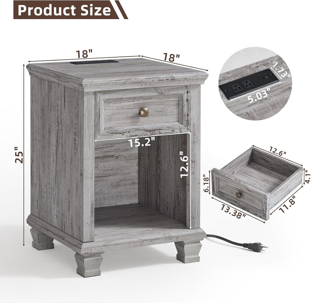 SAVOR LIFE Farmhouse End Tables Living Room Set of 2, Rustic Wood Nightstand with 1 Drawer, Bedside Table with Open Shelf for Bed Room, Side Table for Living Room, Grey