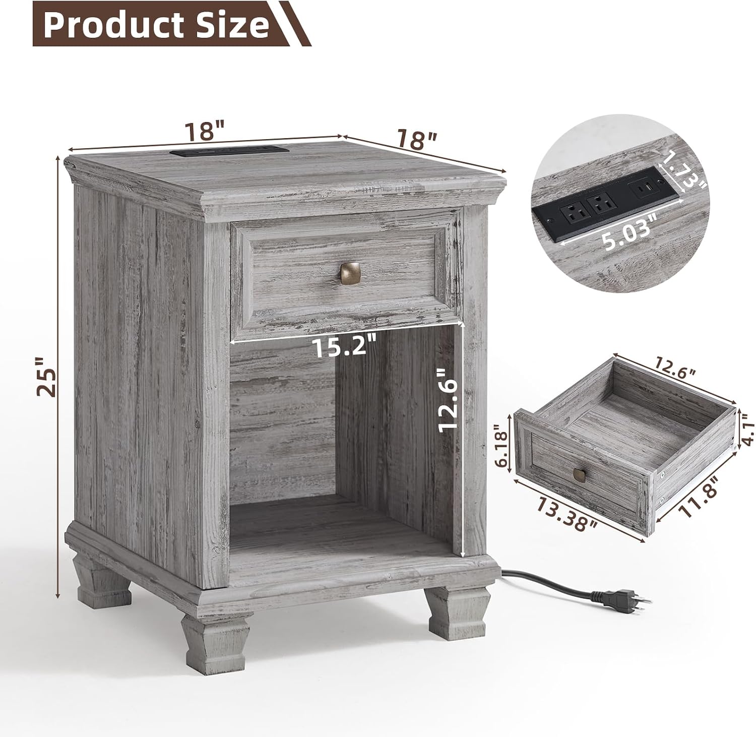 SAVOR LIFE Farmhouse End Tables Living Room Set of 2, Rustic Wood Nightstand with 1 Drawer, Bedside Table with Open Shelf for Bed Room, Side Table for Living Room, Grey