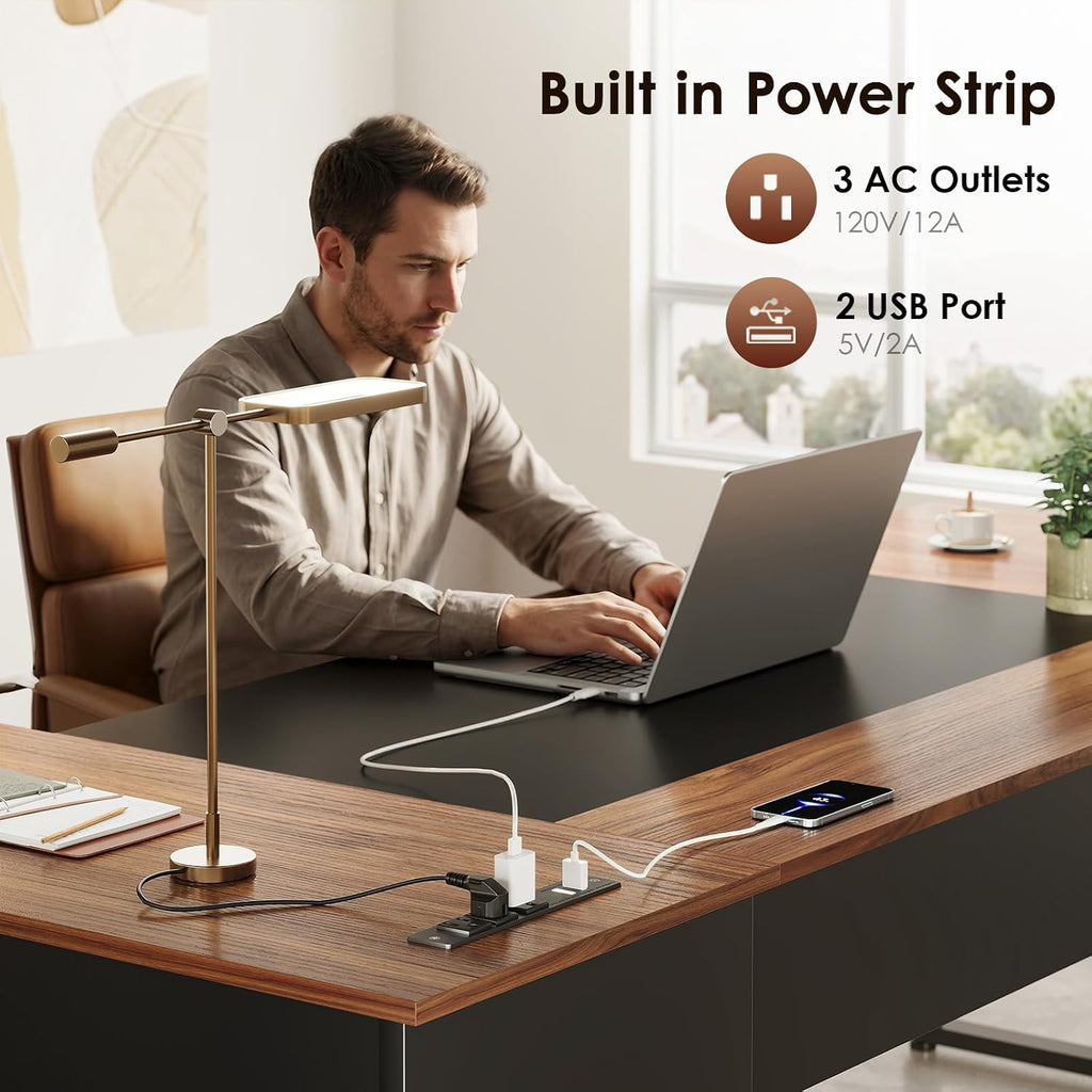 AODK 71 Inch L Shaped Executive Desk with Drawers and File Cabinet, Large Office Desk with Storage Shelves, Corner Computer Desk for Home Office, Walnut + Black