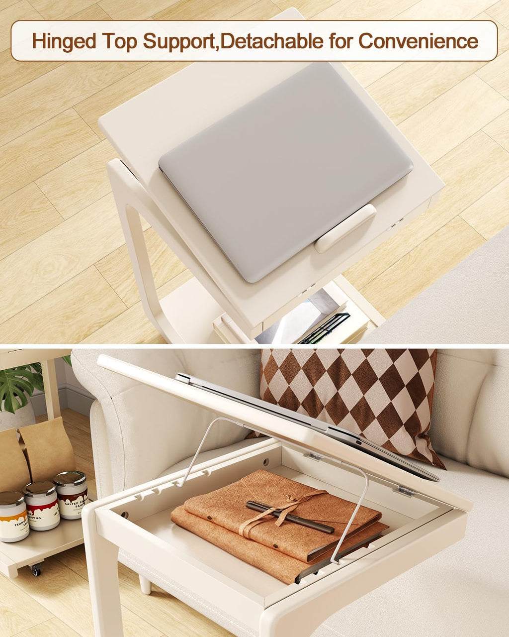 AQIMUELE Wooden C-Shaped End Table,Couch Table with Adjustable Desktop,Small Rolling Side Table with 2 Lockable Wheels,Small End Table for Couch, Living Room,Bedroom (White)