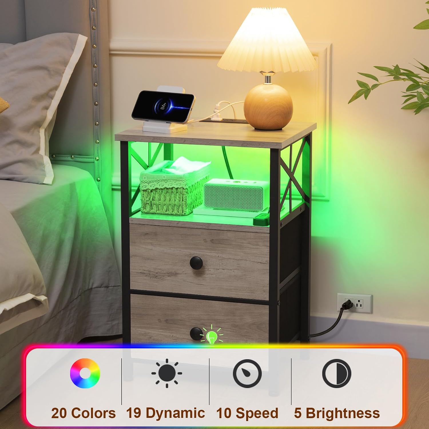 AMHANCIBLE Night Stand Set of 2 with Charging Station and LED Lights, Large 2-Drawer Bedside Tables with USB Ports and AC Outlets, Modern Nightstand for Bedroom, Grey, HET052LGY