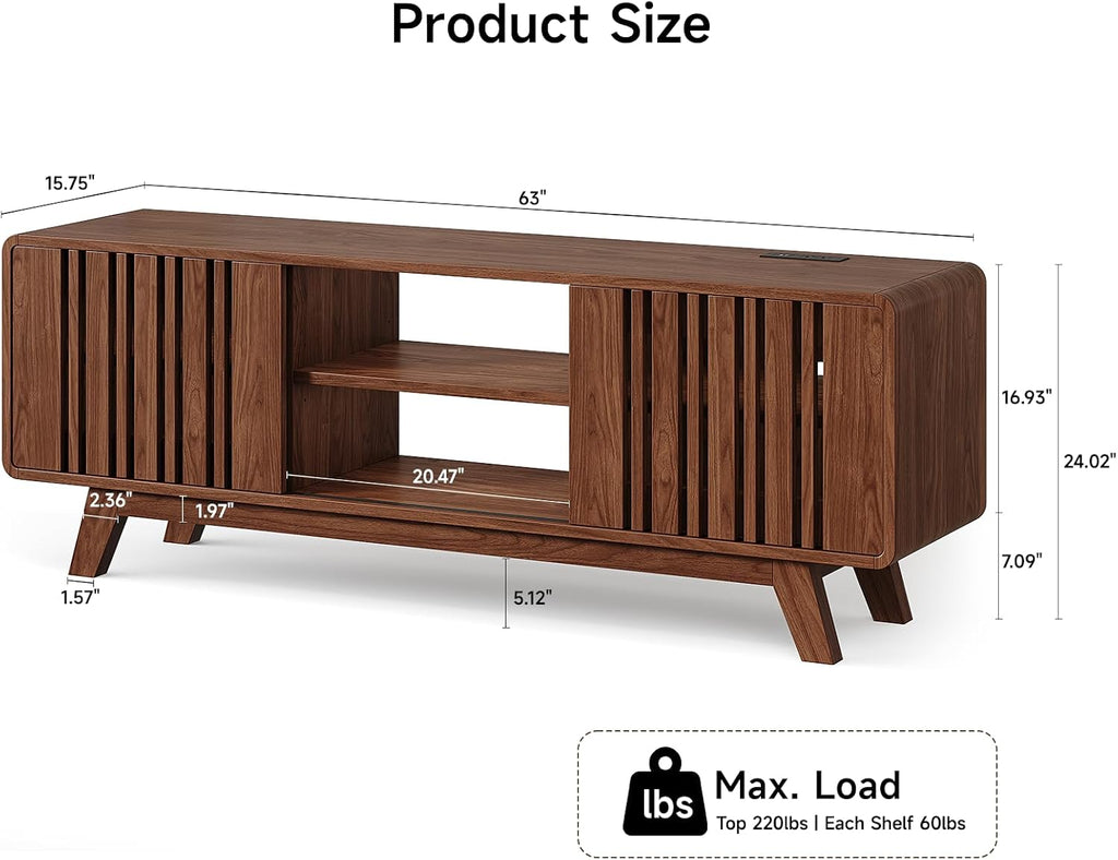 ONBRILL 63-Inch TV Stand for TVs up to 75 Inch, Mid-Century Modern Television Stand with Power Outlet, Entertainment Center with Sliding Grille Door Cabinets and Open Shelves for Living Room, Walnut