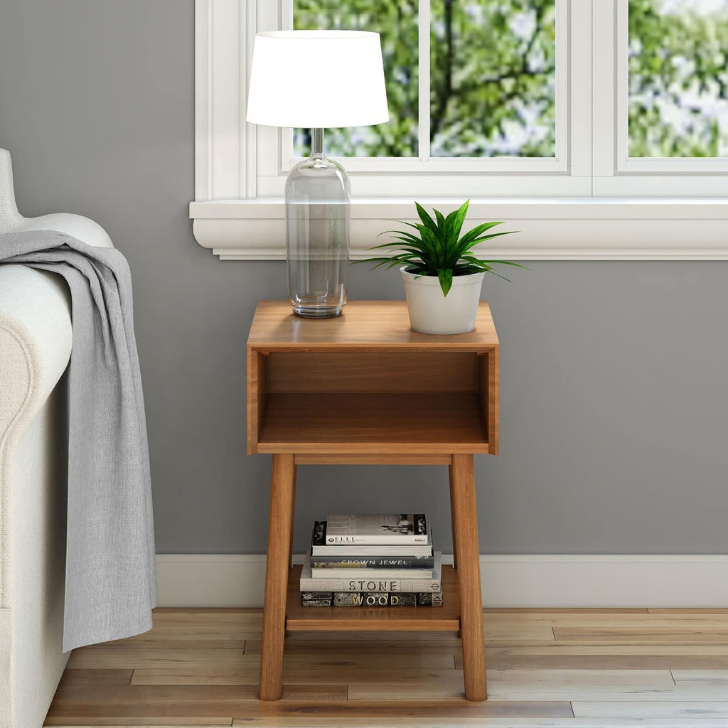 Plank+Beam Wooden Side Table with Cubby Storage Shelf, Mid Century Modern End Tables for Living Room, Small Solid Wood Nightstand, Bedside Tables, Bedroom Furniture, Pecan