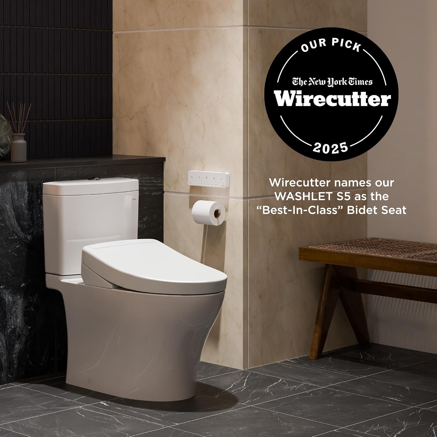TOTO® Glaston™ WASHLET®+ S5 Two-Piece Elongated 1.0 GPF Universal Height Toilet with CEFIONTECT®, Cotton White - MW4723446CUFG#01