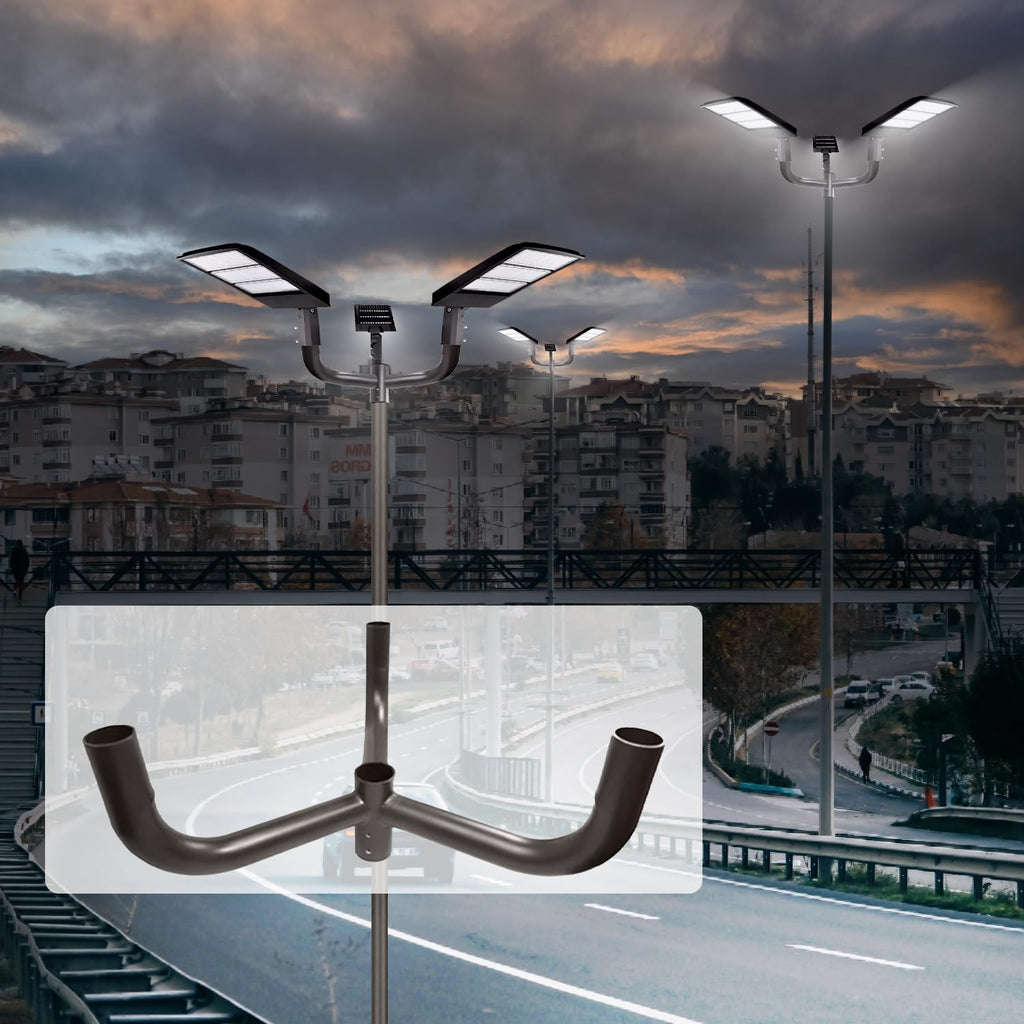 Triple 120° Bullhorn Tenon Adapter for 3 Light Fixtures with 2 3/8' Slip Fitter, Horizontal Bracket with 3 Arms Mounting for LED Parking Lot Light, Outdoor Shoebox Street Lighting, Dark Bronze