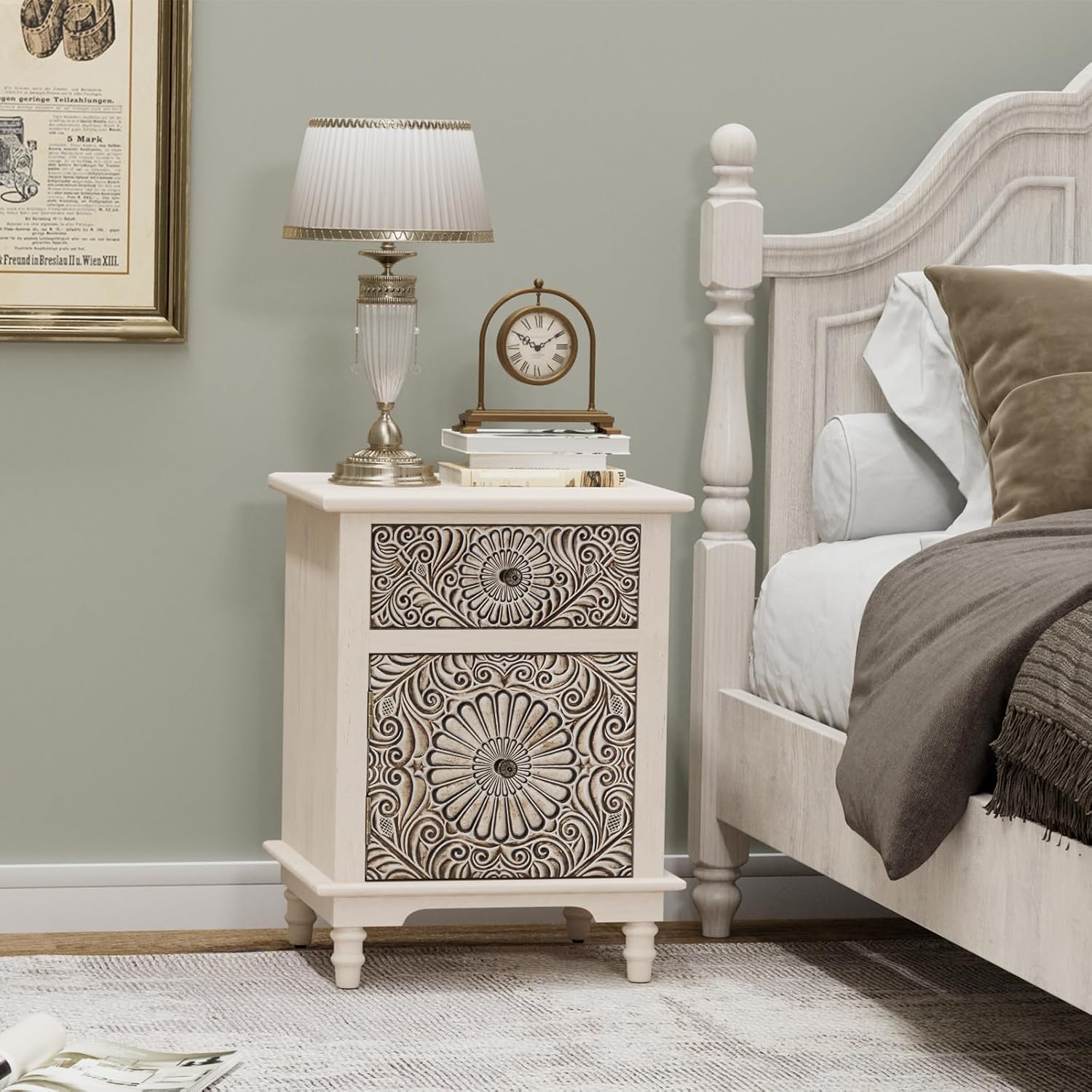 COSIEST Bedside Table Set of 2, Wood Nightstand, Farmhouse End Table with Storage, Nightstand with Drawers for Bedroom, Living Room