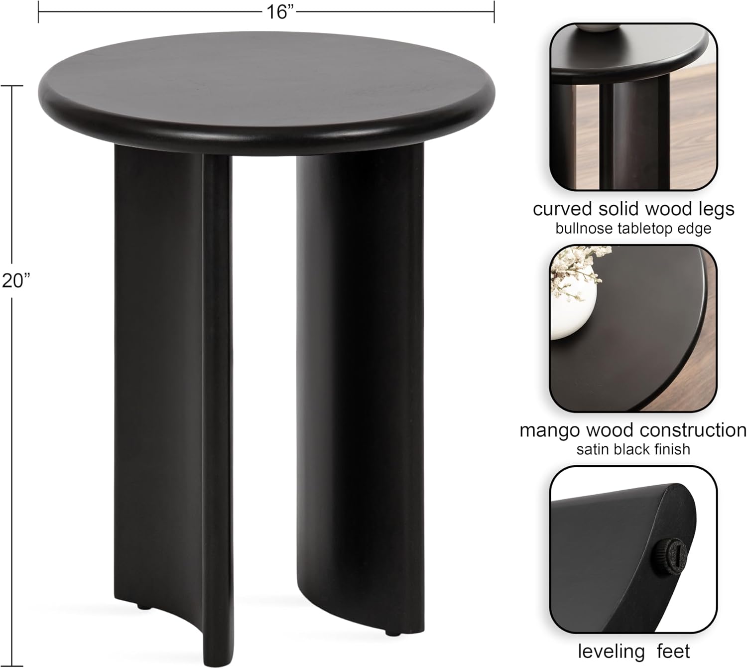 Kate and Laurel Erys Modern Wooden Round Side Table; 16 x 16 x 20; Black; Transitional Wood End Table for Use as Bedroom Nightstand or Living Room Accent Table