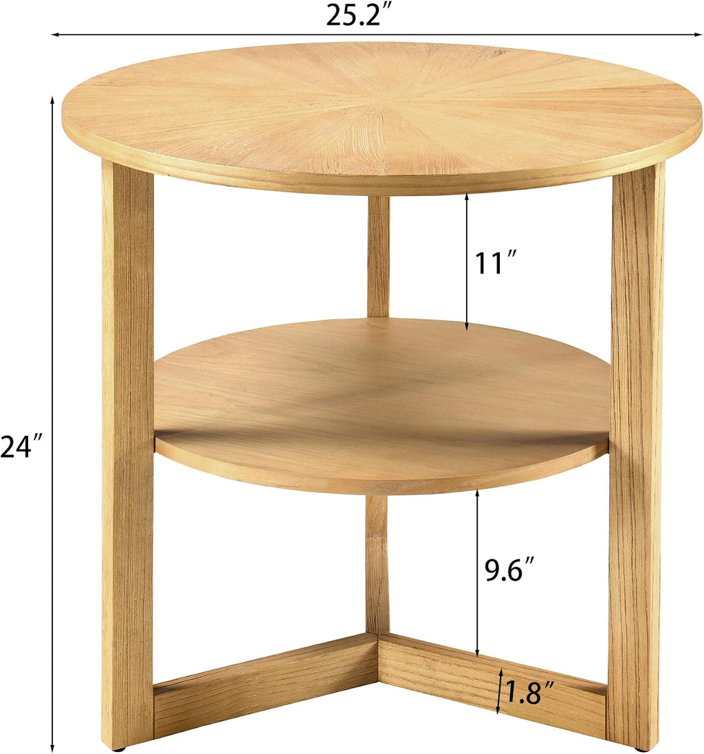 Large Round End Table, Rustic Beside Table with Umbrella Shaped Top, Traditional Circular Sofa Side Table with Shelf, 25.2'D Nightstand, Telephone Table for Living Room Natural CJZ3338OA