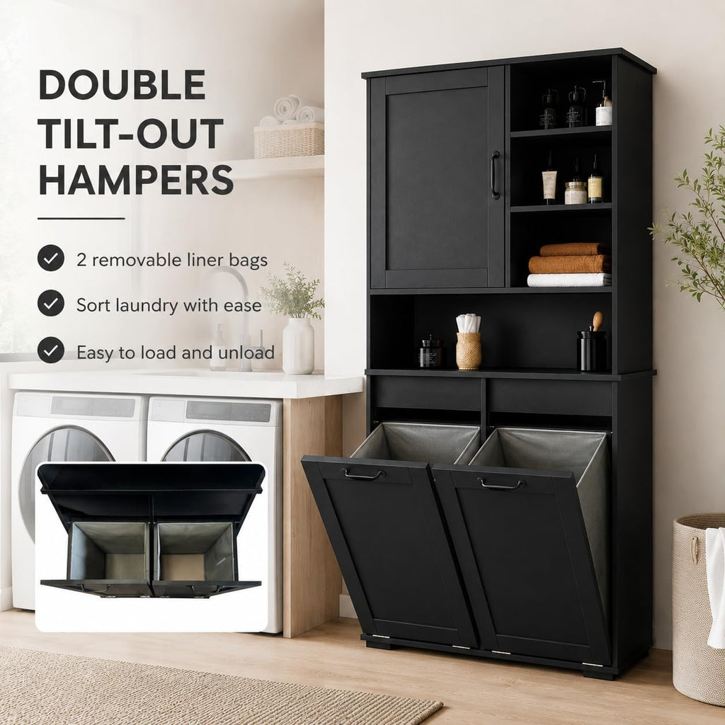Bathroom Storage Cabinet with 2 Tilt-Out Bins, Freestanding | Particle board, MDF, melamine finish, 2 tilt-out bins, adjustable shelf, open shelves, bathroom, 31.5 W x 15.75 D x 63 H in