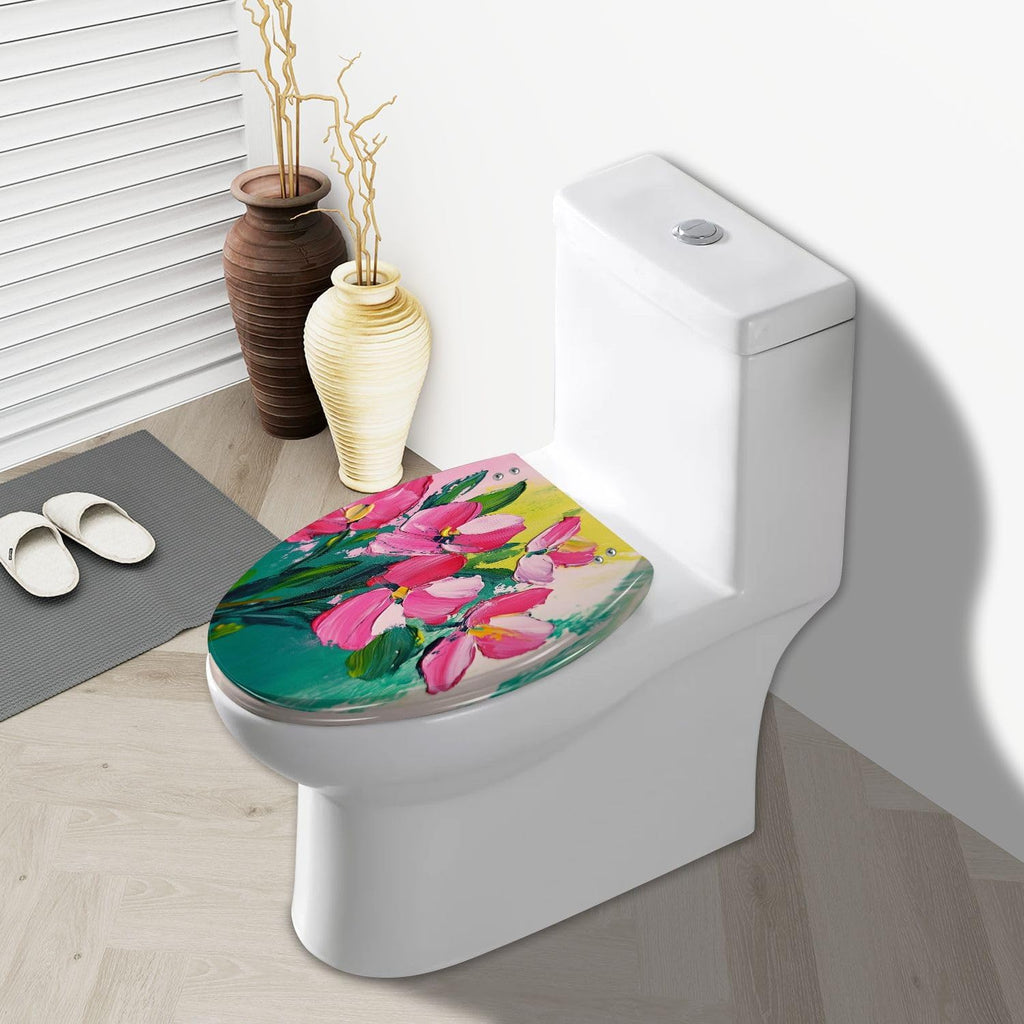 Elongated Toilet Seat drawing flowers green Oil Acrylic impressionistic style Resin Toilet Seat Slow Quiet Close with Quick-Release Hinges Toilet Seat with Cover Easy to Clean Install