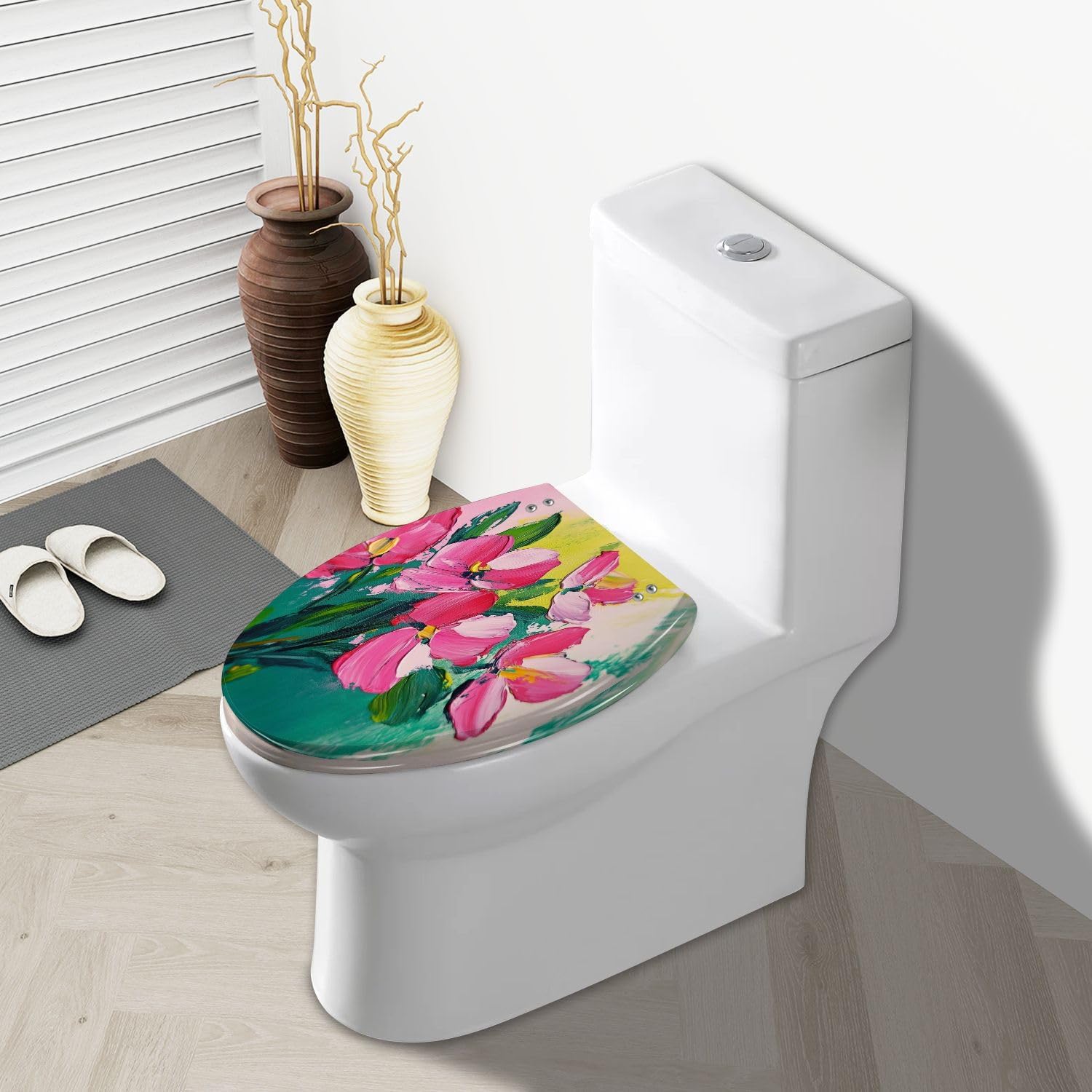 Elongated Toilet Seat drawing flowers green Oil Acrylic impressionistic style Resin Toilet Seat Slow Quiet Close with Quick-Release Hinges Toilet Seat with Cover Easy to Clean Install