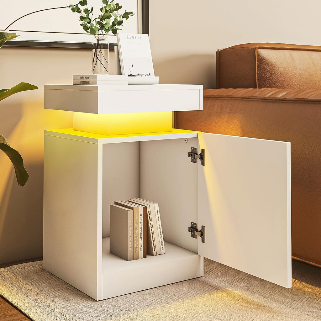 Nightstands Set 2, 17 Inches Modern Bedside Table with LED Lights, LED Night Stand Set of 2, High Gloss Surface, Side Table with Storage for Bedroom, White