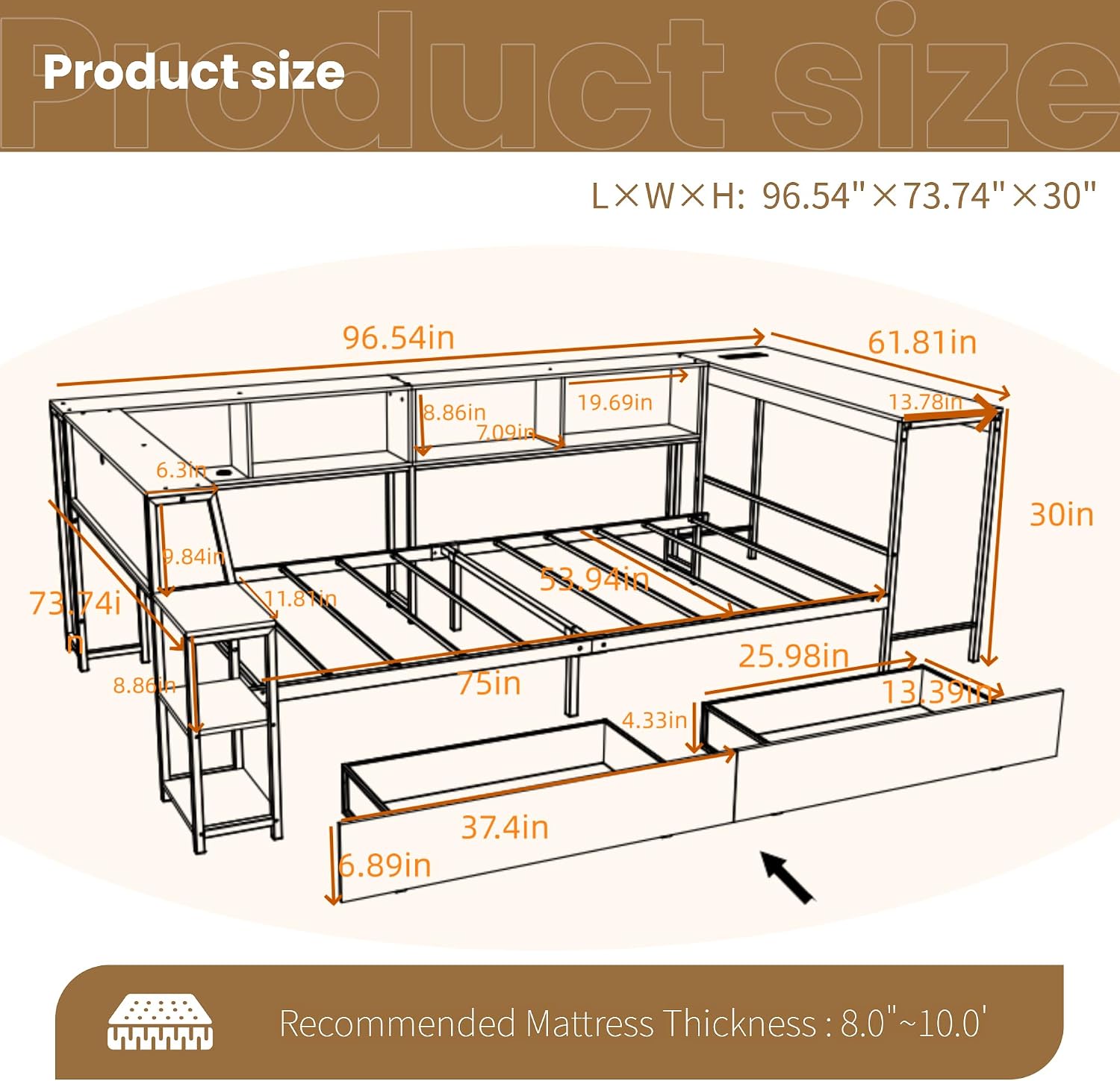Full Corner Bed Frame with Desk and Storage, Full Size Captains Bed with Charging Station and LED Light, Wood Daybeds with L-Shaped Bookcase and 2 Drawers (Black, Full)